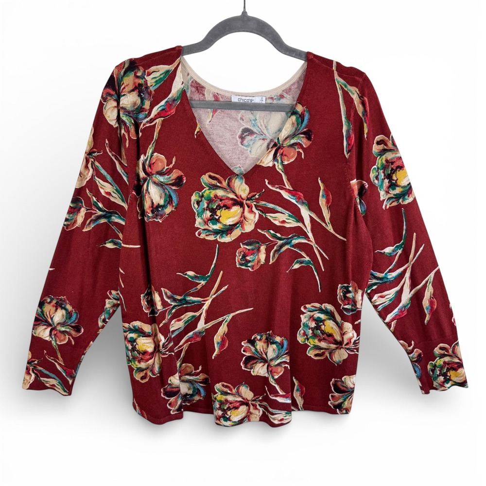 Chico's Floral V-Neck Sweater Rust Orange Rayon Blend Long Sleeve Size 2 Large